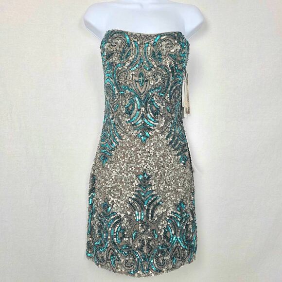 Scala Sequin Beaded Mini Dress 48528 Size 8 NWT Silver Teal - Picture 3 of 7